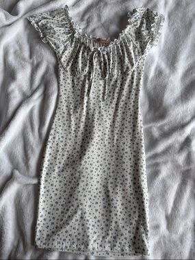 Floral Ruffle Mini Dress in White and Blue